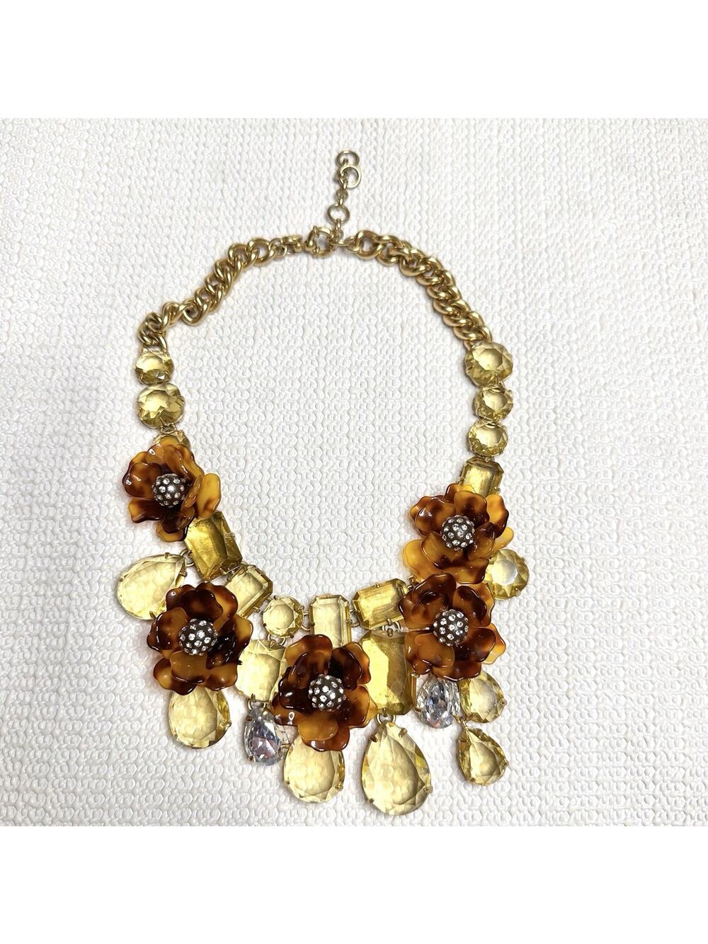 J Crew Tortoise Crystal Flower Necklace Multi Light Gold Tone “Measurements”